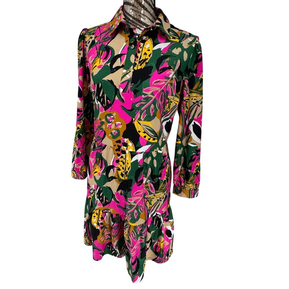 Jude Connally Dresses & Skirts - Jude Connally Pink Green Tropical Floral Tiered Shirt Dress Medium